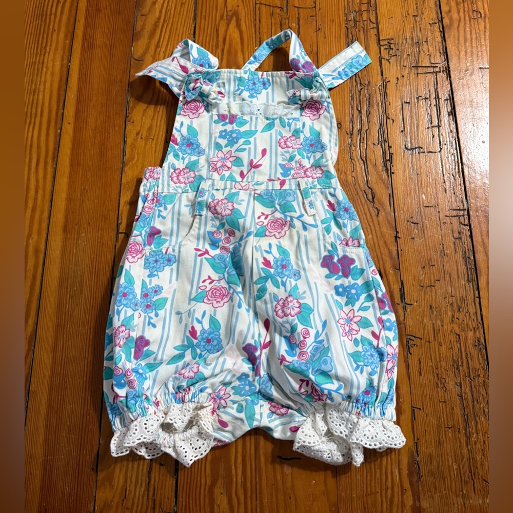 Vintage 90s Girls Floral Blue & Pink Striped Romper Overalls